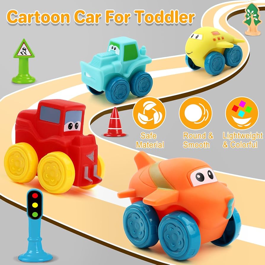 Set Jucării „CARTOON CAR & PLANE” – Mașinuțe din Cauciuc Moale (2 bucăți)