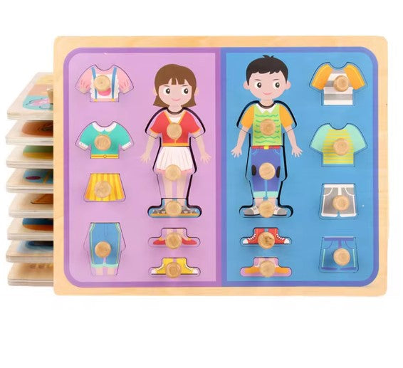 Puzzle încastru din lemn cu butoni – Îmbracă fetița și băiatul