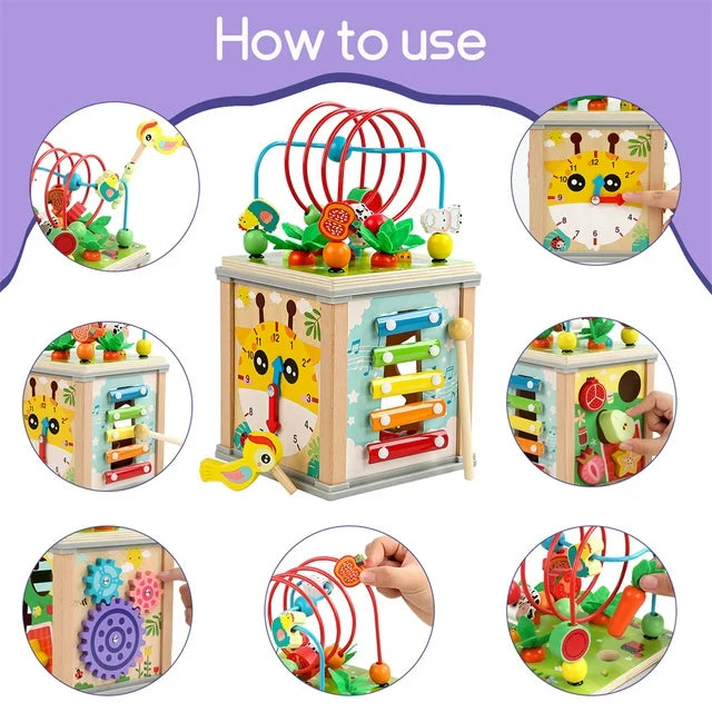 Centru educativ Montessori din lemn – Cub multifuncțional 10 în 1
