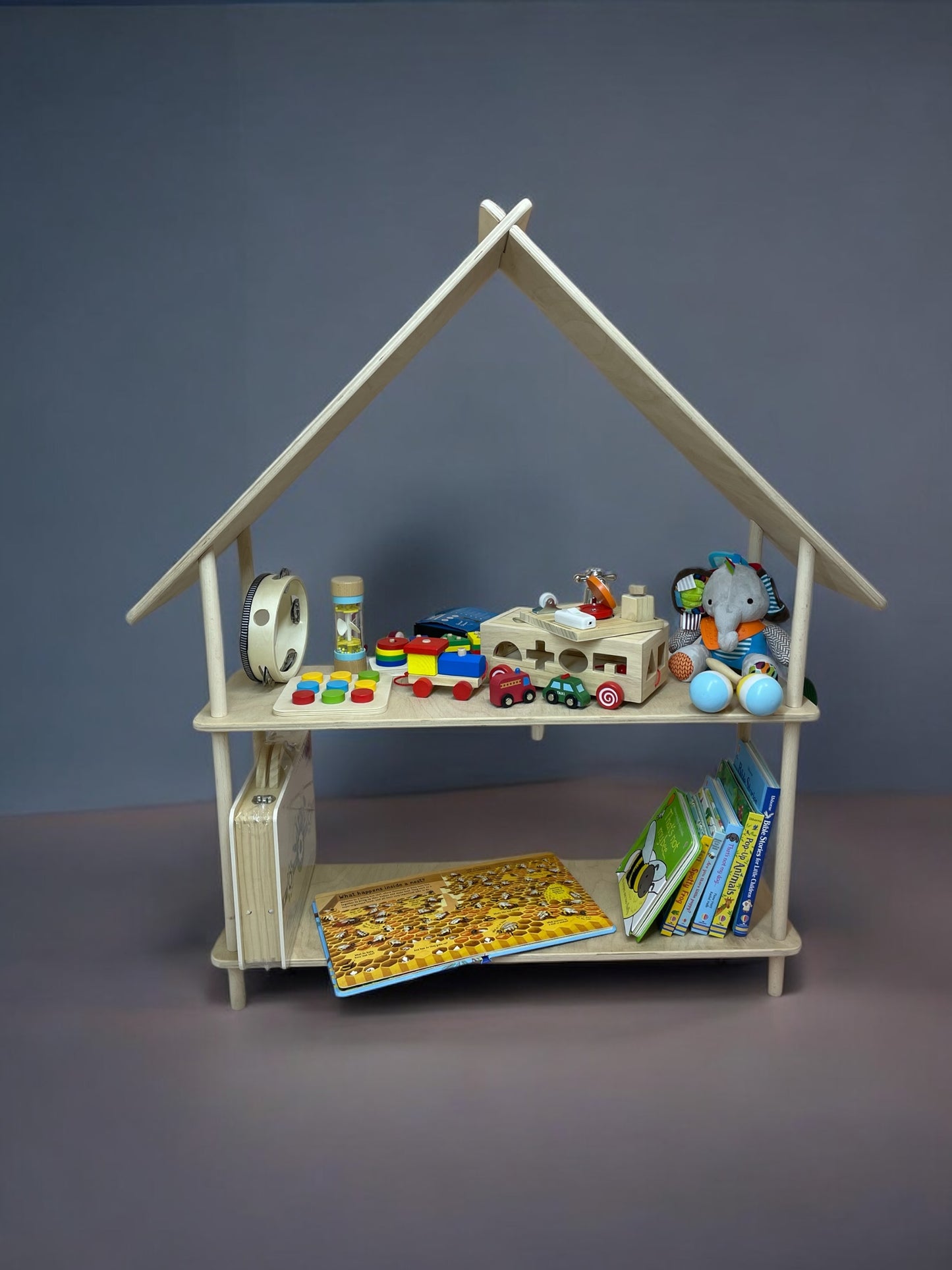 Raft în formă de căsuță din lemn natur – pentru jucării și cărți cu 2 sau 3 rafturi