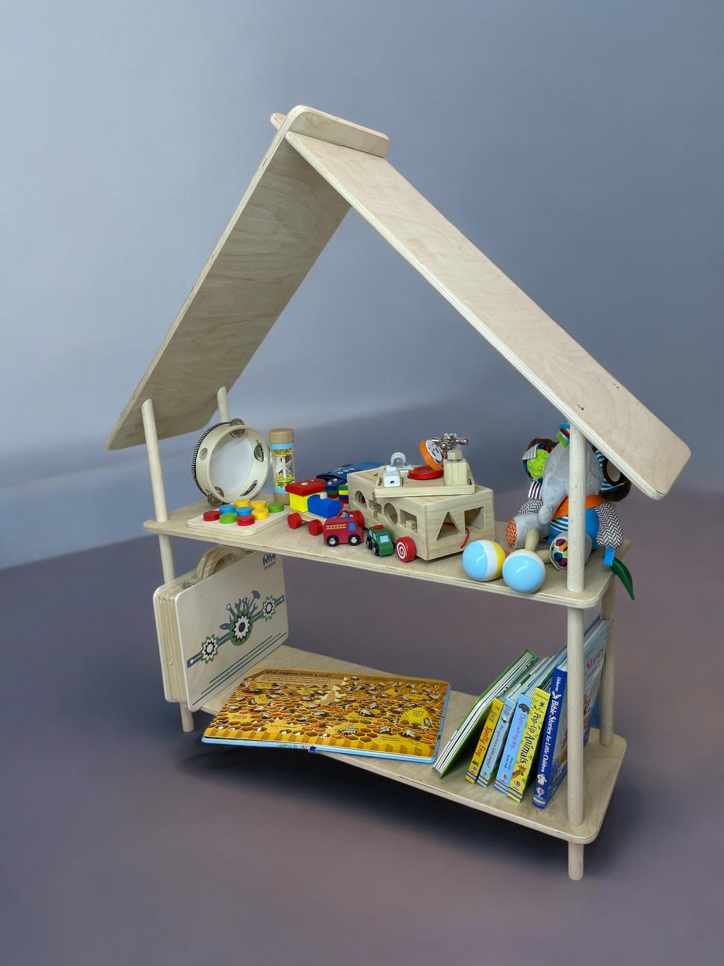 Raft în formă de căsuță din lemn natur – pentru jucării și cărți cu 2 sau 3 rafturi
