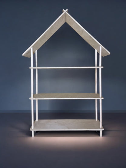 Raft în formă de căsuță din lemn natur – pentru jucării și cărți cu 2 sau 3 rafturi