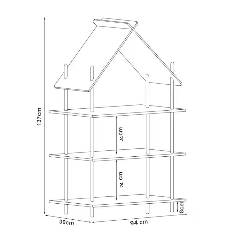 Raft în formă de căsuță din lemn natur – pentru jucării și cărți cu 2 sau 3 rafturi